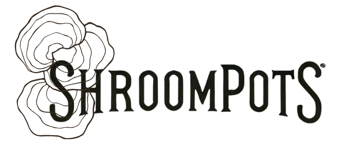 ShroomPots brand name with stylized outline drawings of mushrooms behind the text.
